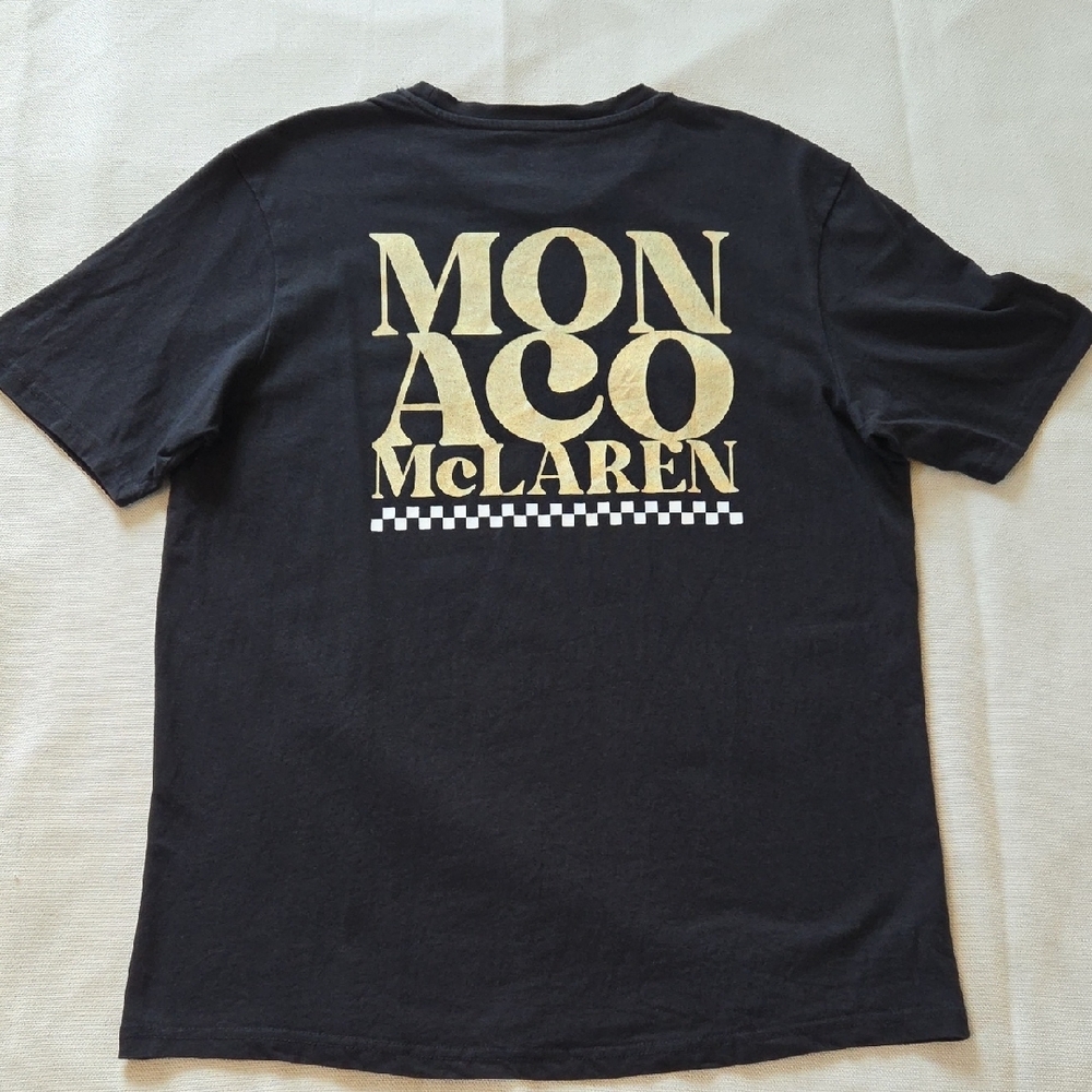 McLaren F1 Monaco Gold Metalic Spellout Men's Black Shirt Size XL